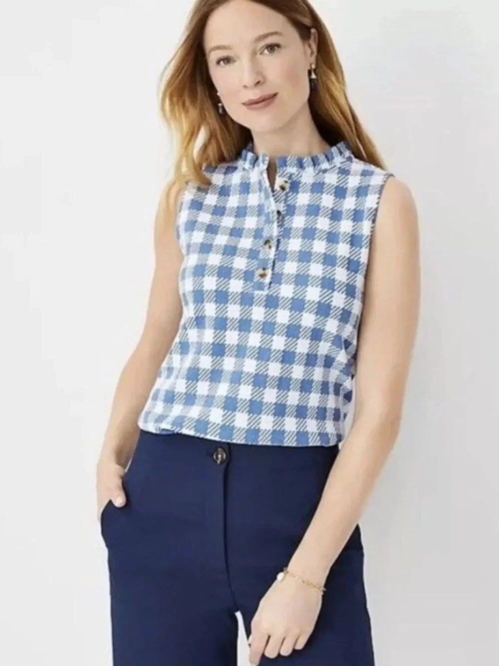 Ann Taylor Ruffle Neck Sleeveless Gingham Top - Size M - NWT
